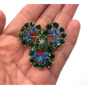 Vintage Lisner 3 Leaf Clover With Rhinestones Brooch Green Blue
